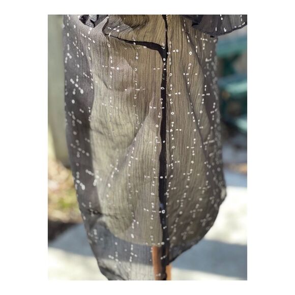 Cream Sheer Blouse Long Statement Sleeve Keyhole Bow Tiered Ruffle Neck Sz 38 - Picture 7 of 11